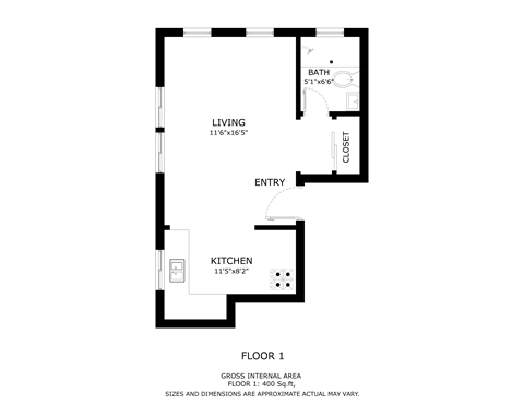 A black and white image of a floor plan for a one bedroom apartment.